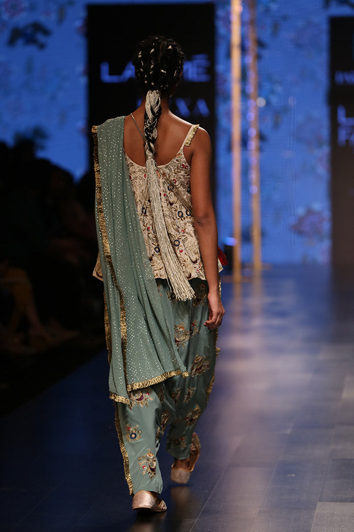 Merunisa Stone Crepe Short Anarkali Top with Perwinkle Blue Crepe Low Crotch Pant and attached Mukaish Georgette Drape