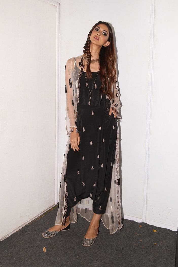 Myra Stone Organza Duster Jacket with Black Crepe Layered Top and Low Crotch Pant