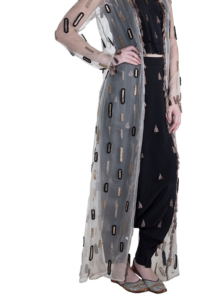 Myra Stone Organza Duster Jacket with Black Crepe Layered Top and Low Crotch Pant