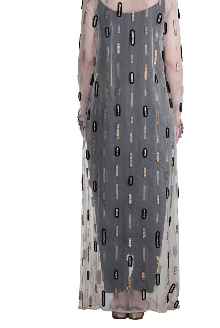 Myra Stone Organza Duster Jacket with Black Crepe Layered Top and Low Crotch Pant