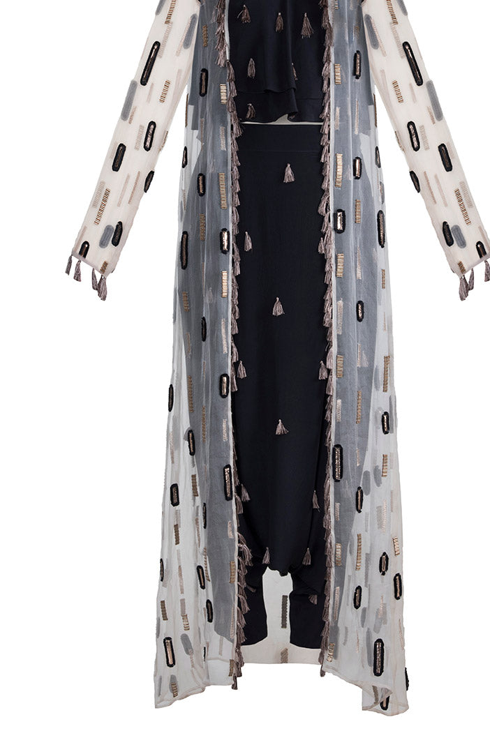 Myra Stone Organza Duster Jacket with Black Crepe Layered Top and Low Crotch Pant