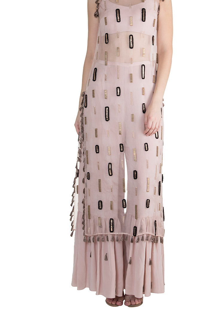 Ajdah Rose pink Organza Overlay Kurta with Crepe Bustier anf Frill Palazzo