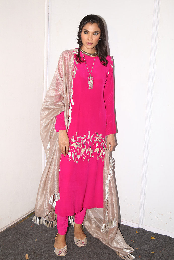 Mehpar Hot Pink Crepe Kurta with soft Net Churidar and Grey Chanderi Stripe Dupatta