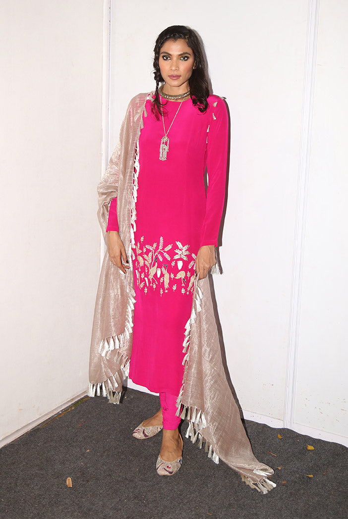 Mehpar Hot Pink Crepe Kurta with soft Net Churidar and Grey Chanderi Stripe Dupatta