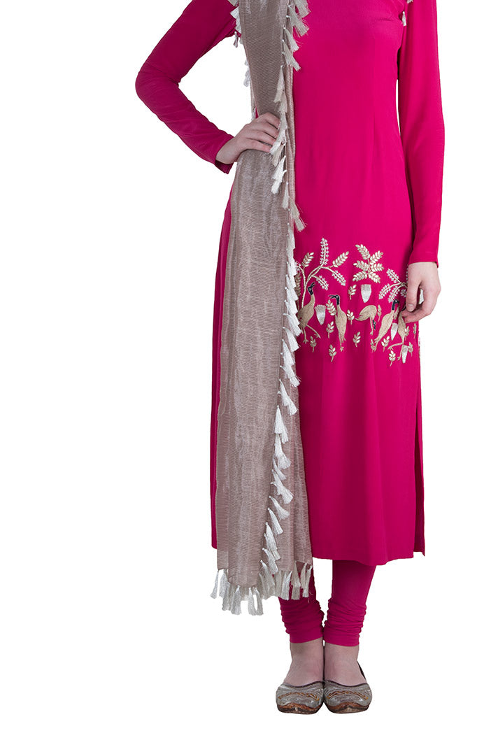 Mehpar Hot Pink Crepe Kurta with soft Net Churidar and Grey Chanderi Stripe Dupatta