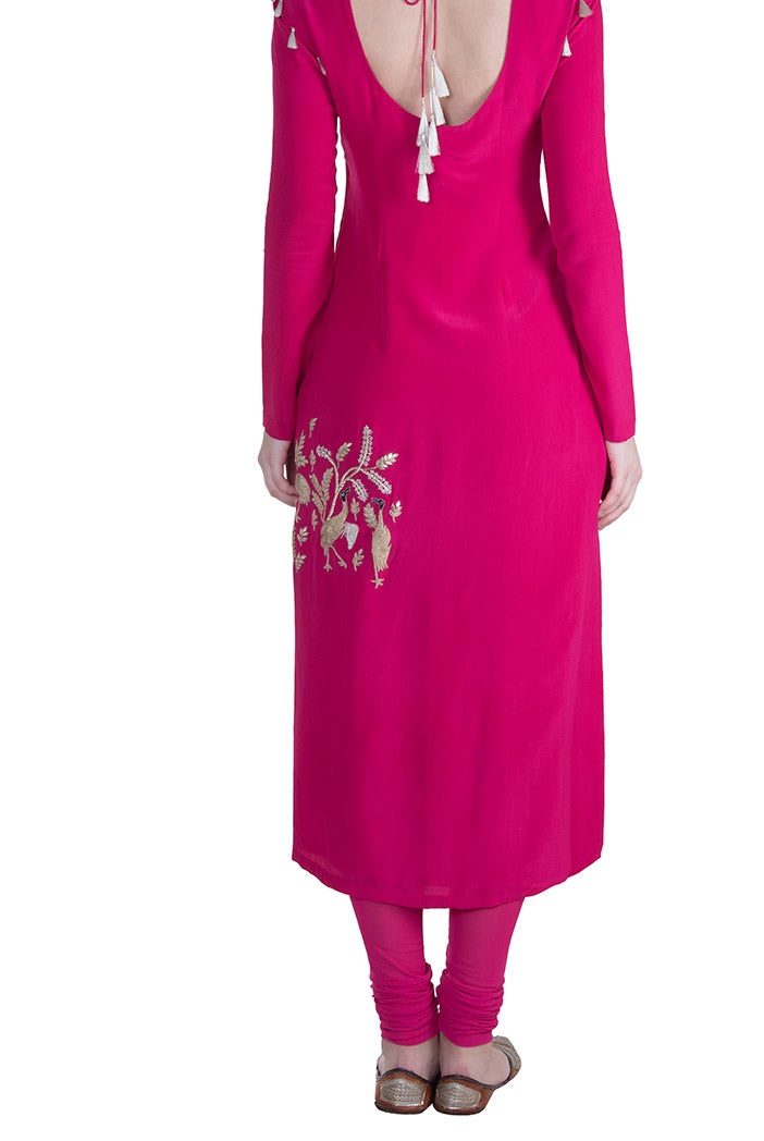 Mehpar Hot Pink Crepe Kurta with soft Net Churidar and Grey Chanderi Stripe Dupatta