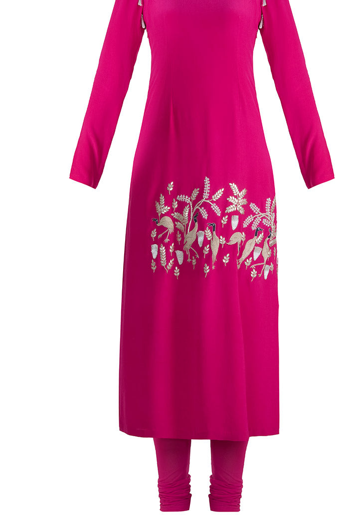 Mehpar Hot Pink Crepe Kurta with soft Net Churidar and Grey Chanderi Stripe Dupatta