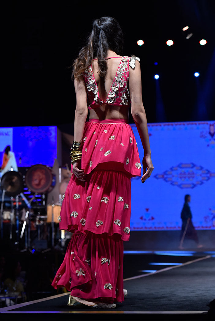 Riza Hot Pink Crepe Choli with Layered Sharara Pant