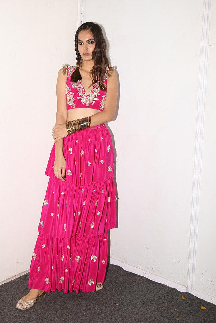 Riza Hot Pink Crepe Choli with Layered Sharara Pant