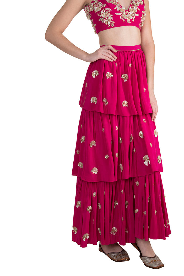 Riza Hot Pink Crepe Choli with Layered Sharara Pant