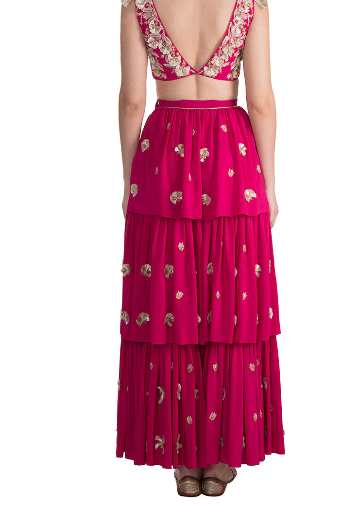 Riza Hot Pink Crepe Choli with Layered Sharara Pant