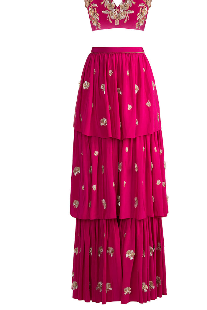 Riza Hot Pink Crepe Choli with Layered Sharara Pant