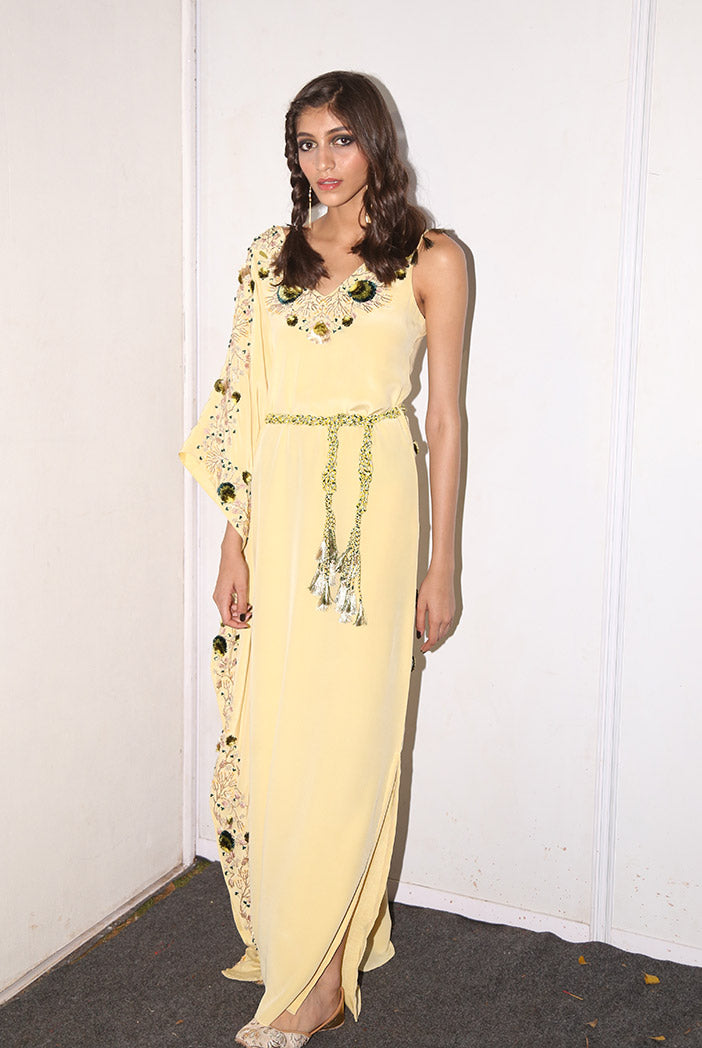 Jihan Pale Yellow Crepe Kaftan