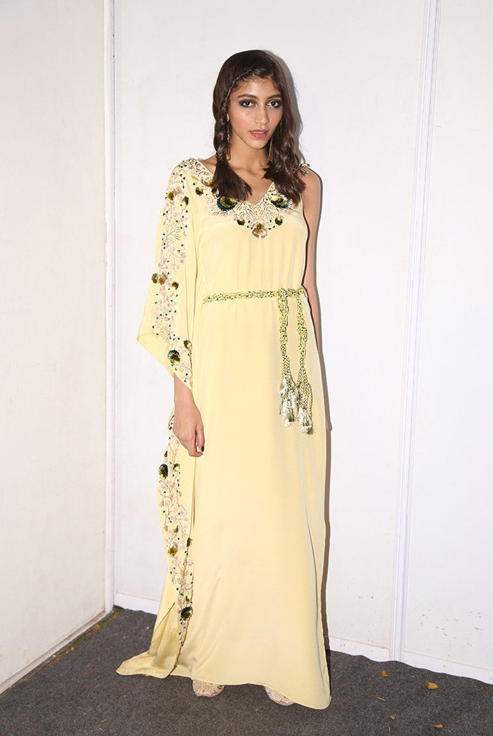 Jihan Pale Yellow Crepe Kaftan