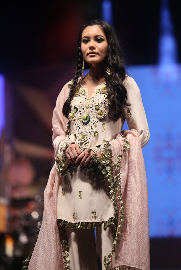 Kera Stone Crepe Kurta with Sharara and Rose pink Chanderi Stripe Dupatta