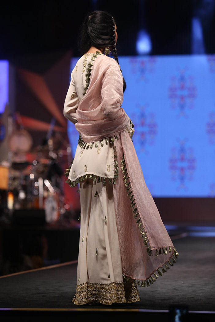 Kera Stone Crepe Kurta with Sharara and Rose pink Chanderi Stripe Dupatta