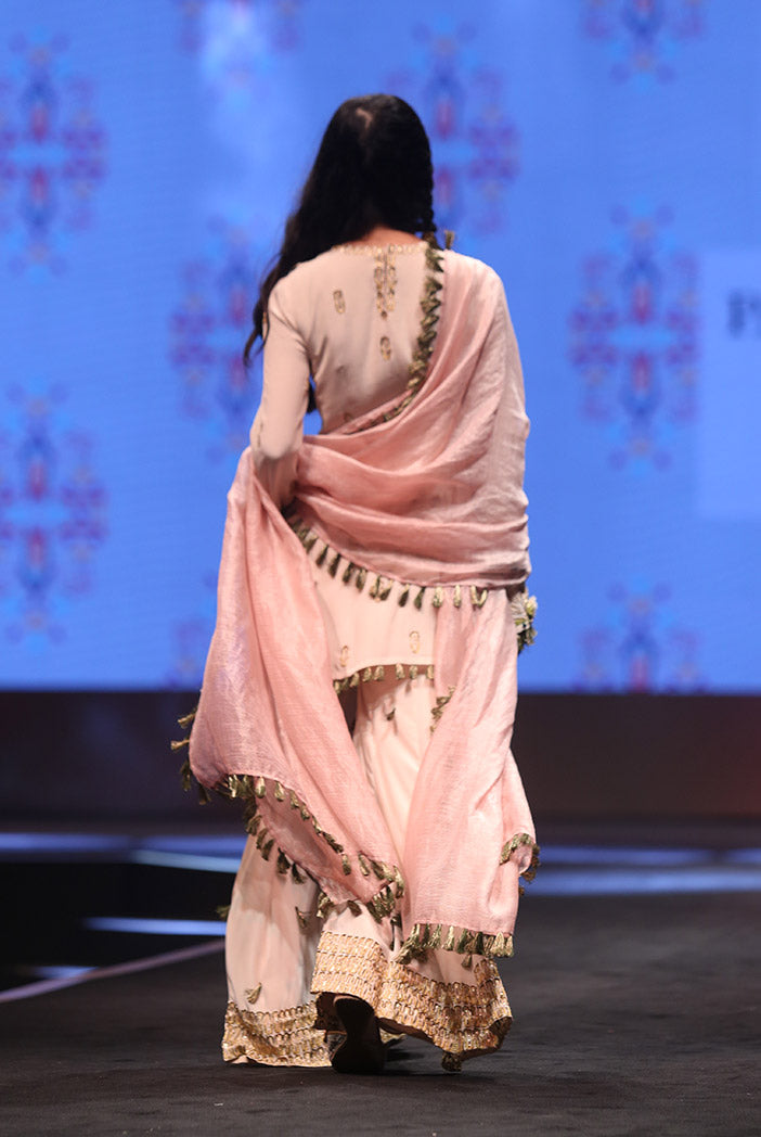 Kera Stone Crepe Kurta with Sharara and Rose pink Chanderi Stripe Dupatta