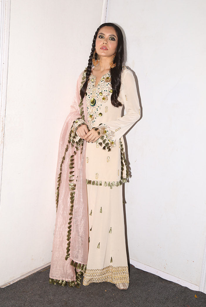 Kera Stone Crepe Kurta with Sharara and Rose pink Chanderi Stripe Dupatta