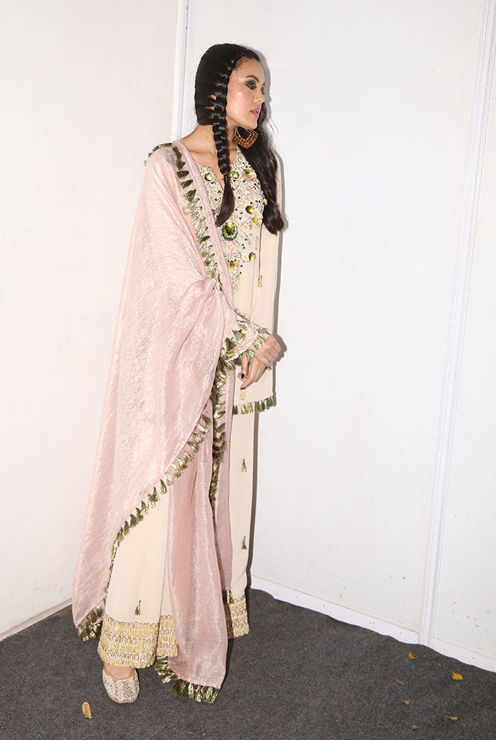 Kera Stone Crepe Kurta with Sharara and Rose pink Chanderi Stripe Dupatta