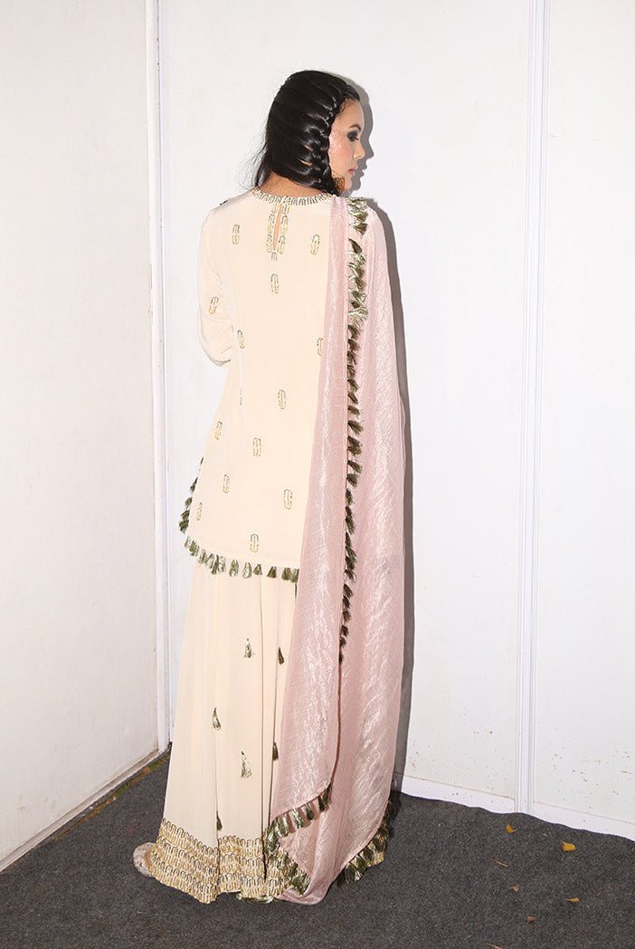 Kera Stone Crepe Kurta with Sharara and Rose pink Chanderi Stripe Dupatta