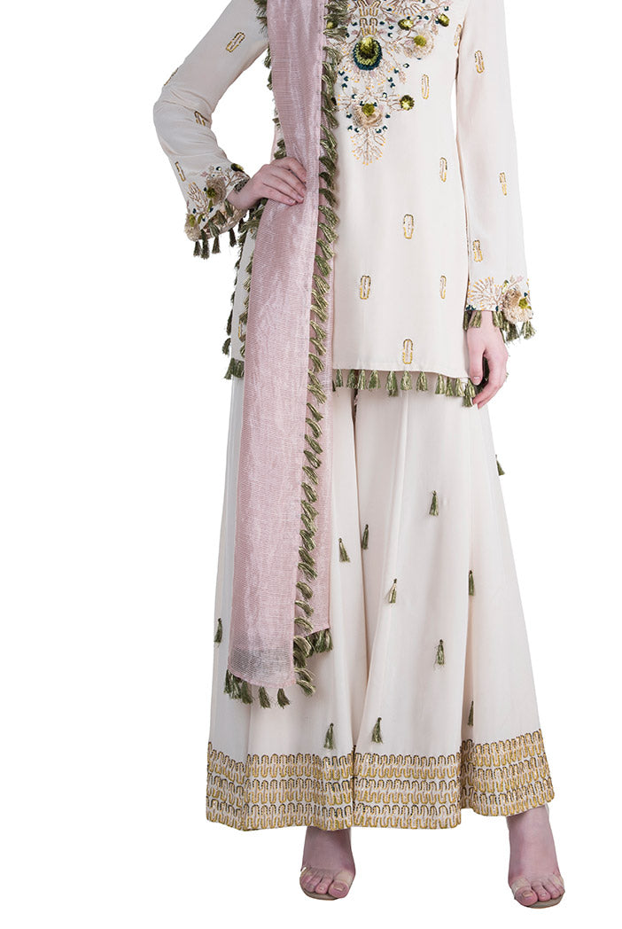 Kera Stone Crepe Kurta with Sharara and Rose pink Chanderi Stripe Dupatta