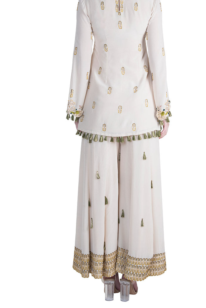 Kera Stone Crepe Kurta with Sharara and Rose pink Chanderi Stripe Dupatta