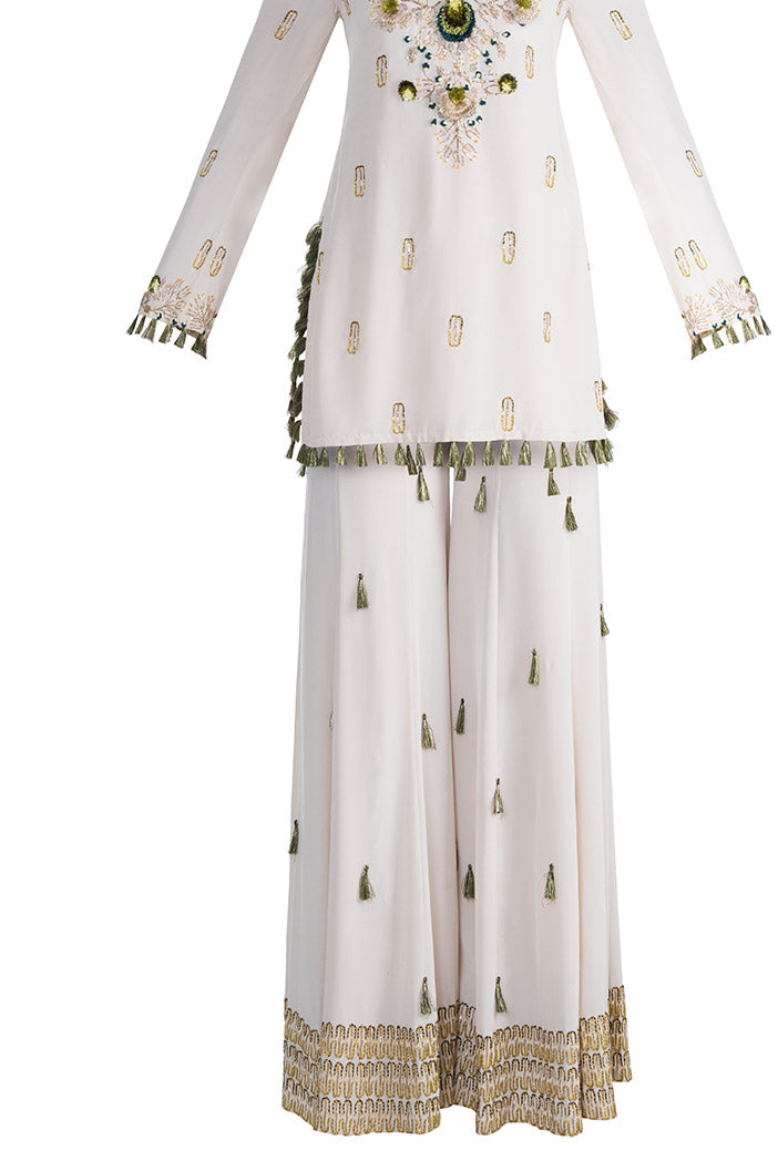Kera Stone Crepe Kurta with Sharara and Rose pink Chanderi Stripe Dupatta