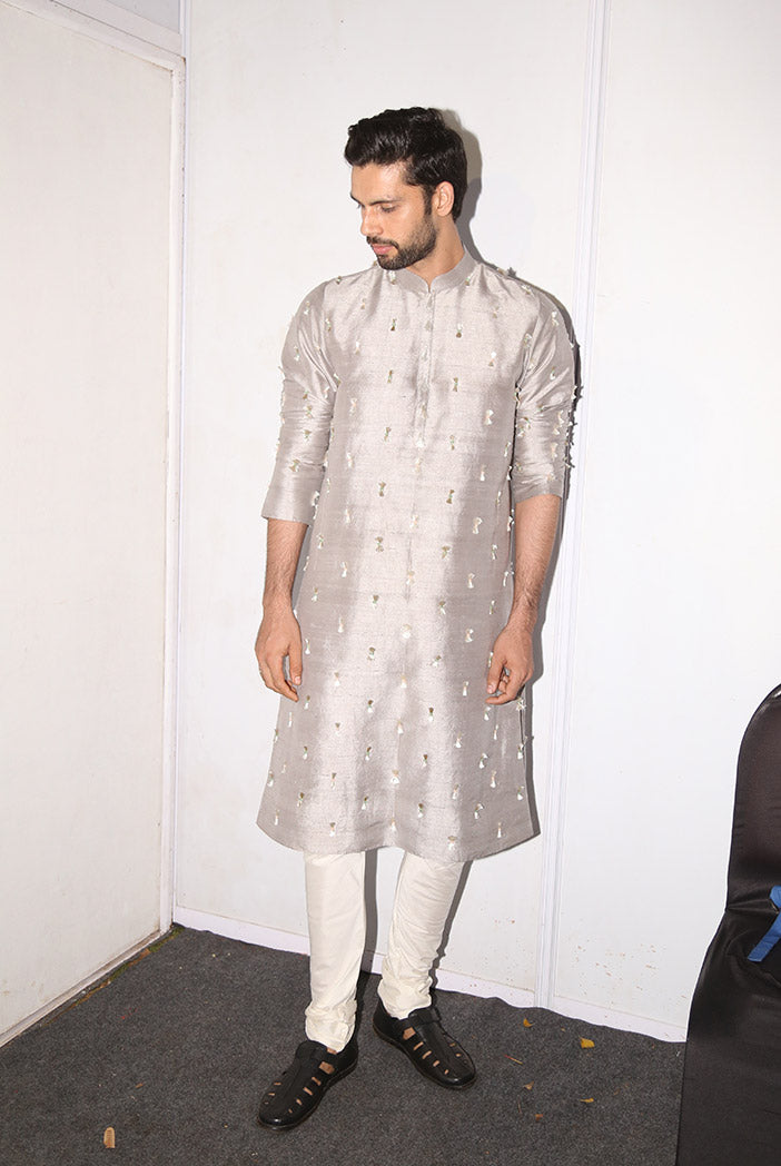 Arsalan Grey Dupion Silk Kurta with Off-white Cotton Silk churidar