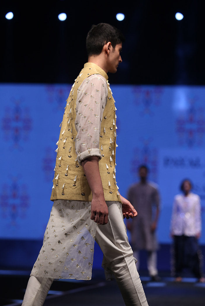 Aslan Cream Organza Kurta with Pale Yellow Dupion Silk Bandi and off-White Cotton Silk Churidar