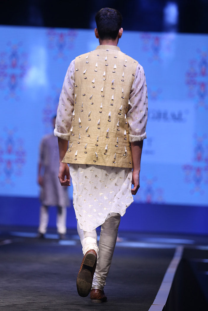 Aslan Cream Organza Kurta with Pale Yellow Dupion Silk Bandi and off-White Cotton Silk Churidar