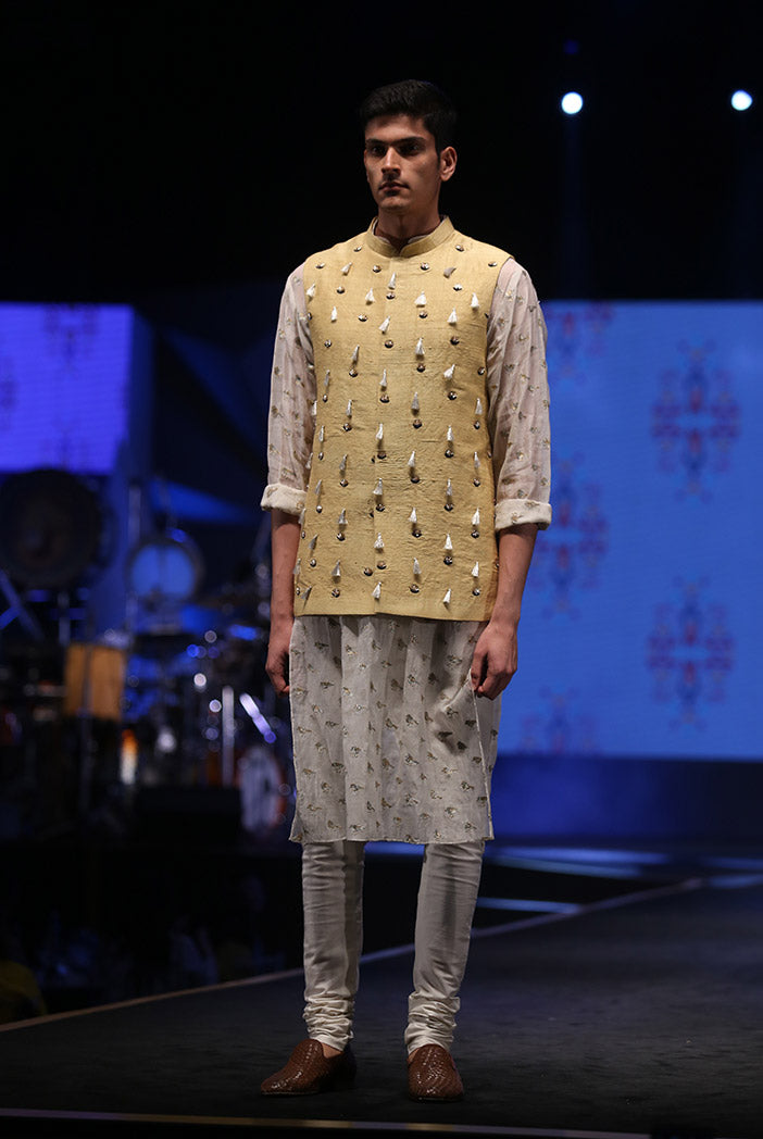Aslan Cream Organza Kurta with Pale Yellow Dupion Silk Bandi and off-White Cotton Silk Churidar