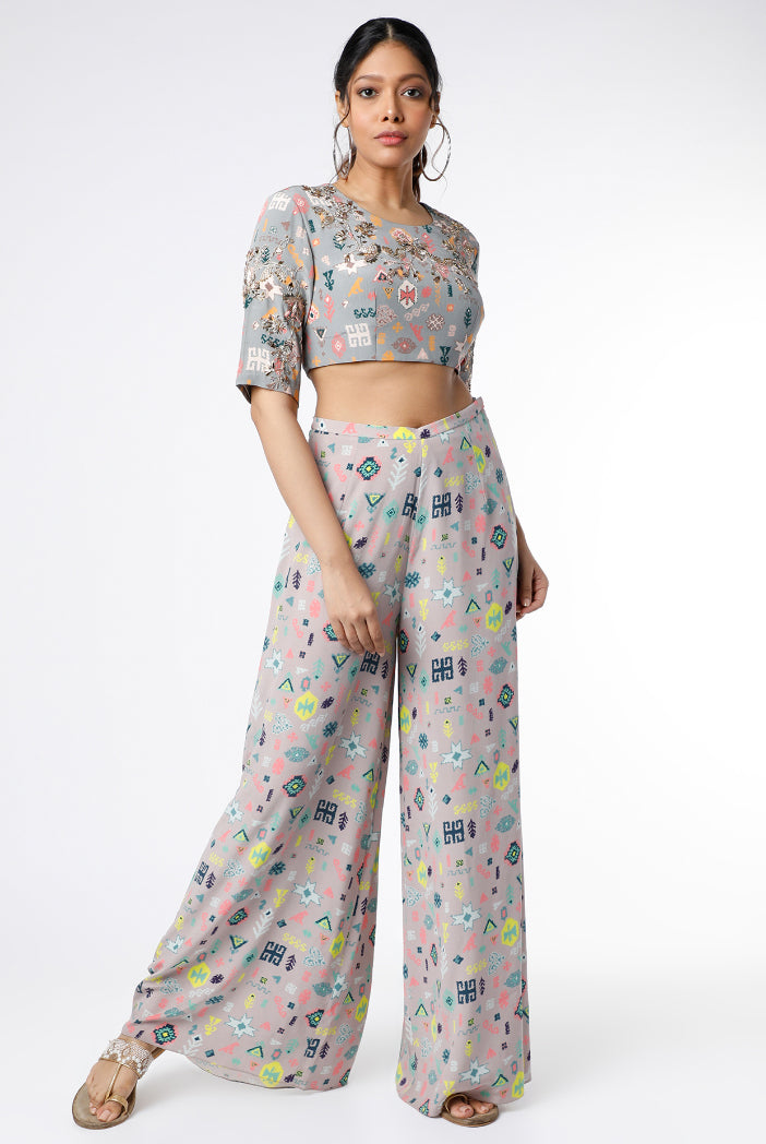 Ayatal Cream Printed Crepe Choli with Grey Printed Crepe Palazzo