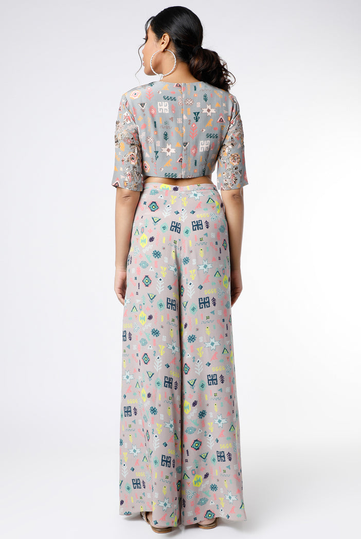 Ayatal Cream Printed Crepe Choli with Grey Printed Crepe Palazzo