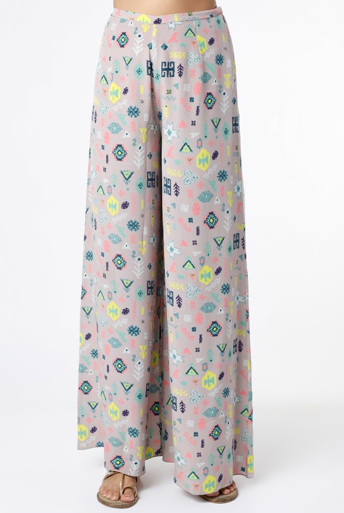 Ayatal Cream Printed Crepe Choli with Grey Printed Crepe Palazzo
