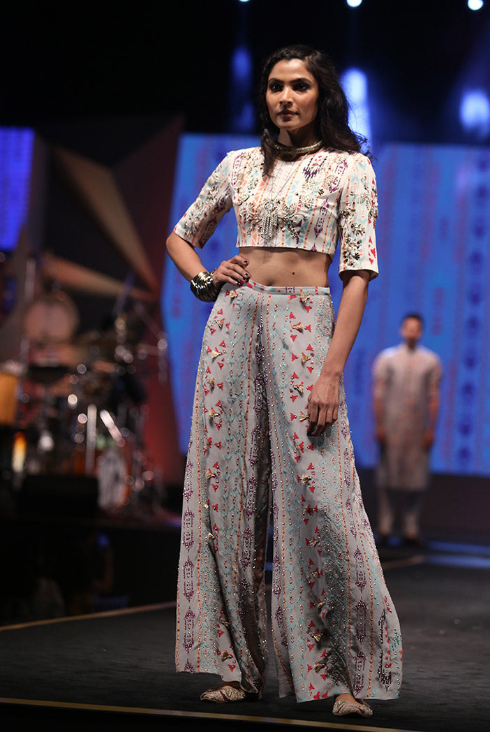 Ayatal Cream Printed Crepe Choli with Grey Printed Crepe Palazzo