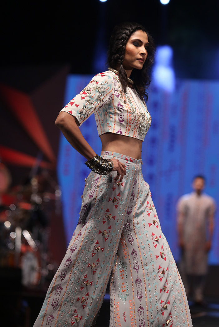 Ayatal Cream Printed Crepe Choli with Grey Printed Crepe Palazzo