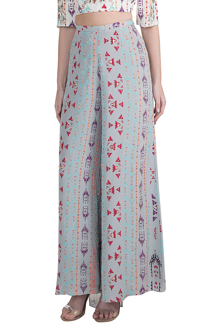 Ayatal Cream Printed Crepe Choli with Grey Printed Crepe Palazzo