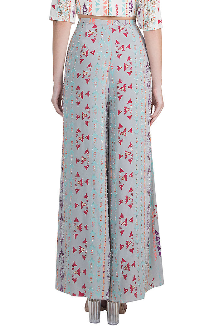 Ayatal Cream Printed Crepe Choli with Grey Printed Crepe Palazzo