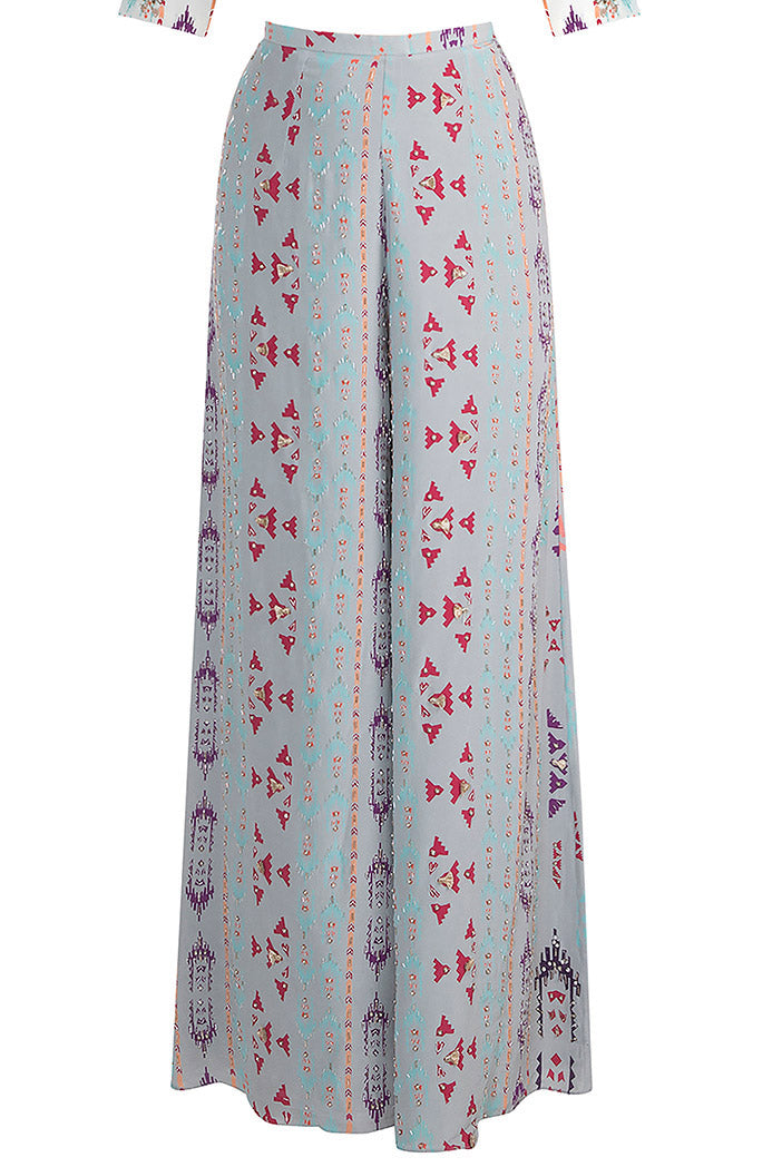 Ayatal Cream Printed Crepe Choli with Grey Printed Crepe Palazzo