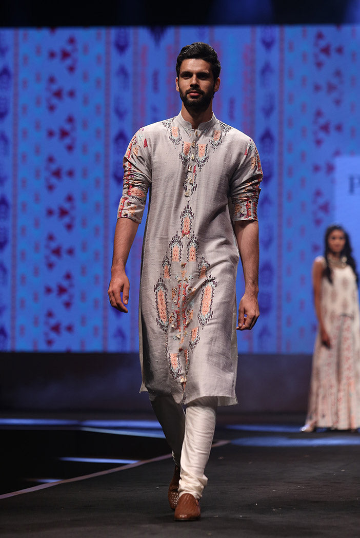 Amir Grey Printed Dupion Silk Kurta with Off-White Cotton Silk Churidar