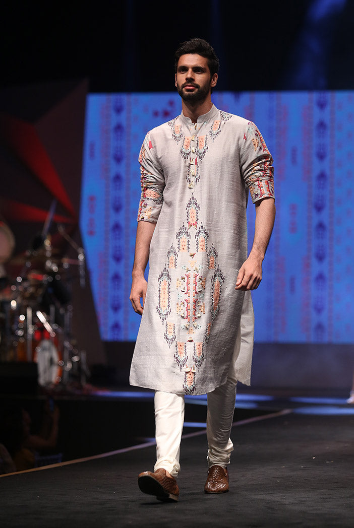Amir Grey Printed Dupion Silk Kurta with Off-White Cotton Silk Churidar