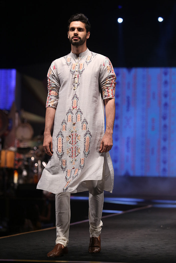 Amir Grey Printed Dupion Silk Kurta with Off-White Cotton Silk Churidar