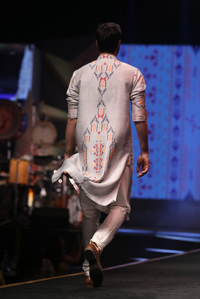 Amir Grey Printed Dupion Silk Kurta with Off-White Cotton Silk Churidar