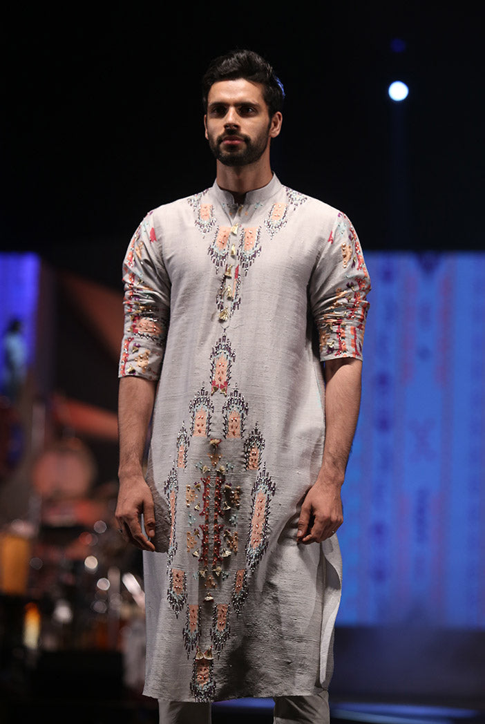 Amir Grey Printed Dupion Silk Kurta with Off-White Cotton Silk Churidar