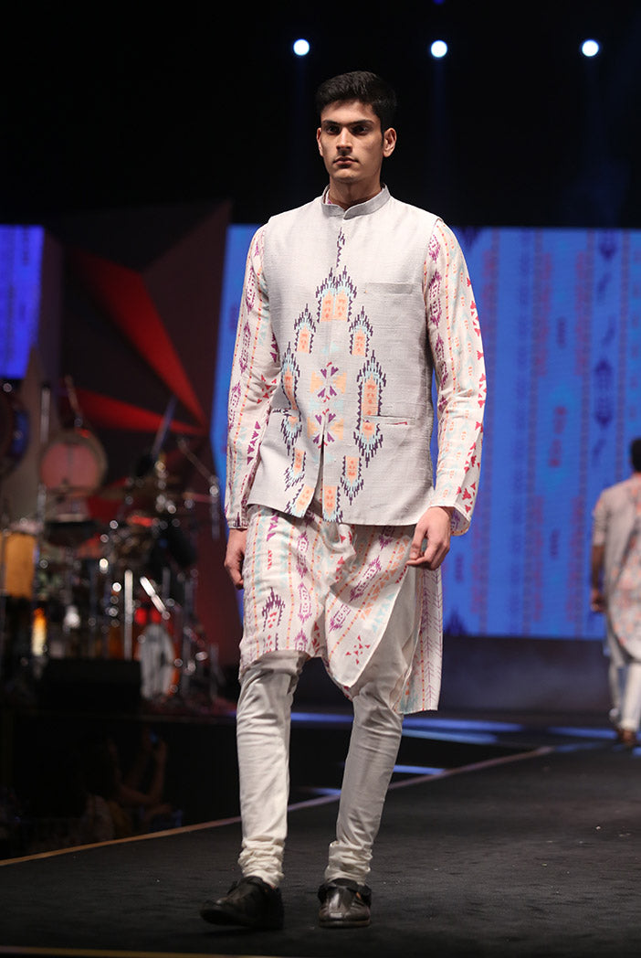 Zaheer Cream Printed Silkmul Kurta with Grey Printed Dupion Silk Bandi and off-White Cotton Silk Churidar