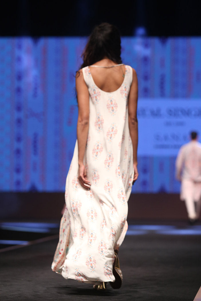 Azizah Cream Printed Crepe High-Low Kurta with Frill Palazzo