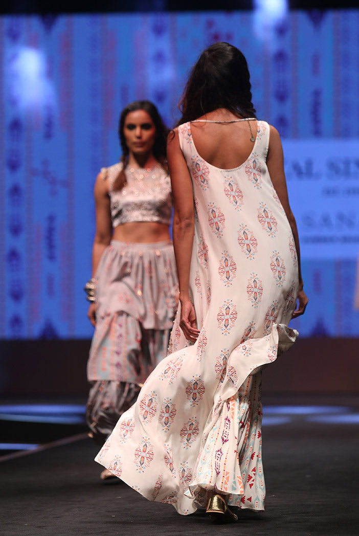 Azizah Cream Printed Crepe High-Low Kurta with Frill Palazzo