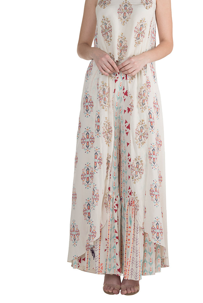 Azizah Cream Printed Crepe High-Low Kurta with Frill Palazzo