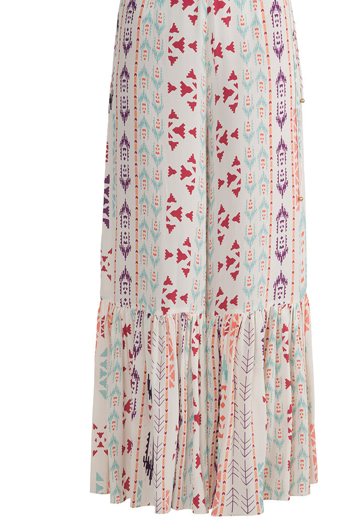 Azizah Cream Printed Crepe High-Low Kurta with Frill Palazzo