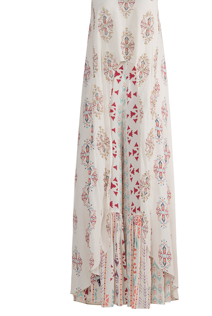 Azizah Cream Printed Crepe High-Low Kurta with Frill Palazzo